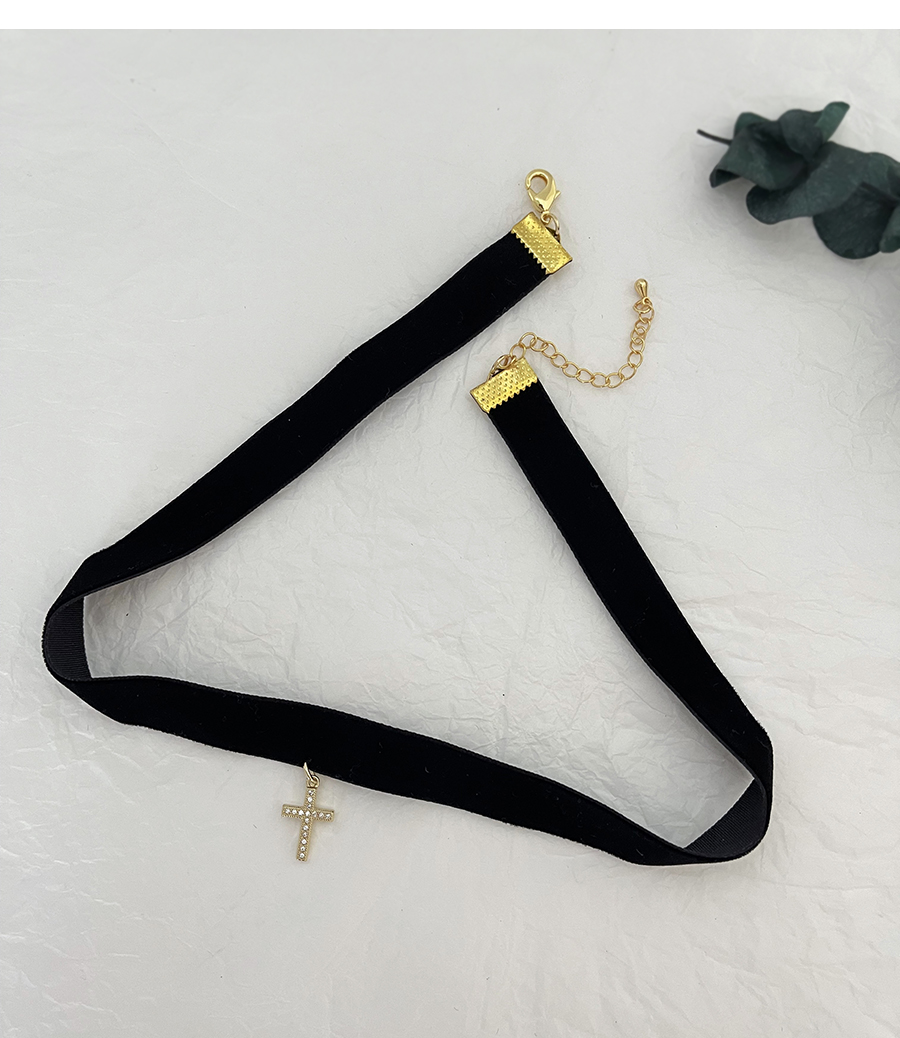Fashion Gold-4 Bronze Zircon Cross Pendant Velvet Choker,Necklaces
