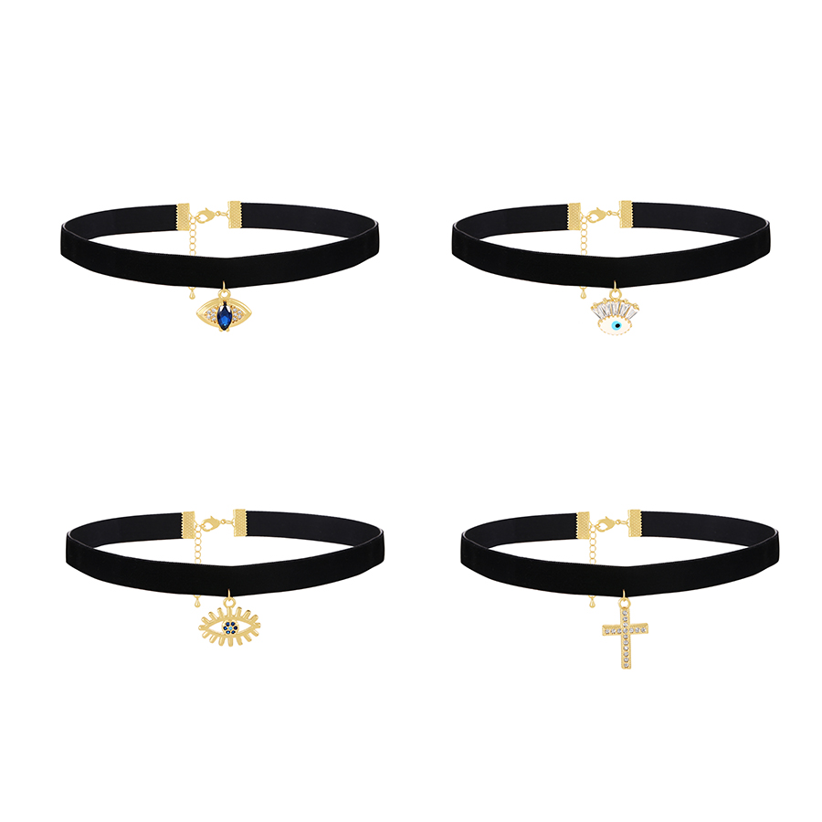 Fashion Gold-4 Bronze Zircon Cross Pendant Velvet Choker,Necklaces