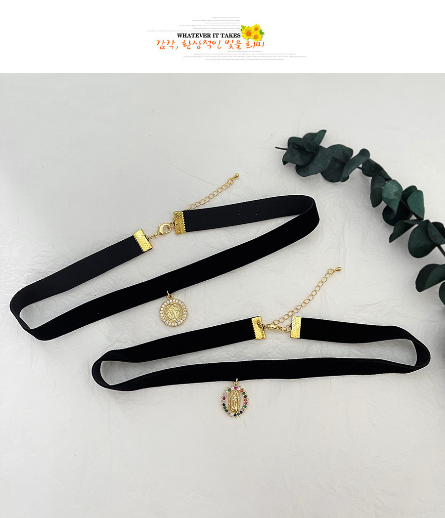 Fashion Gold-2 Bronze Zircon Chain Portrait Pendant Velvet Collar,Necklaces