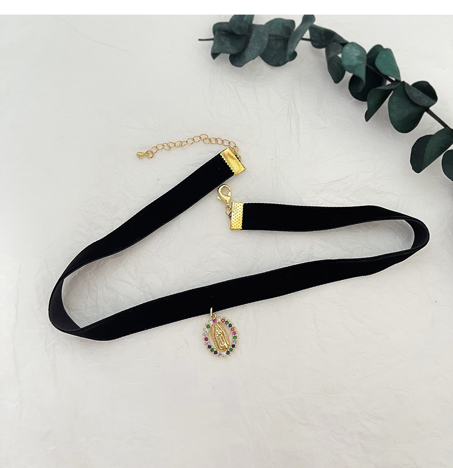 Fashion Gold-2 Bronze Zircon Chain Portrait Pendant Velvet Collar,Necklaces