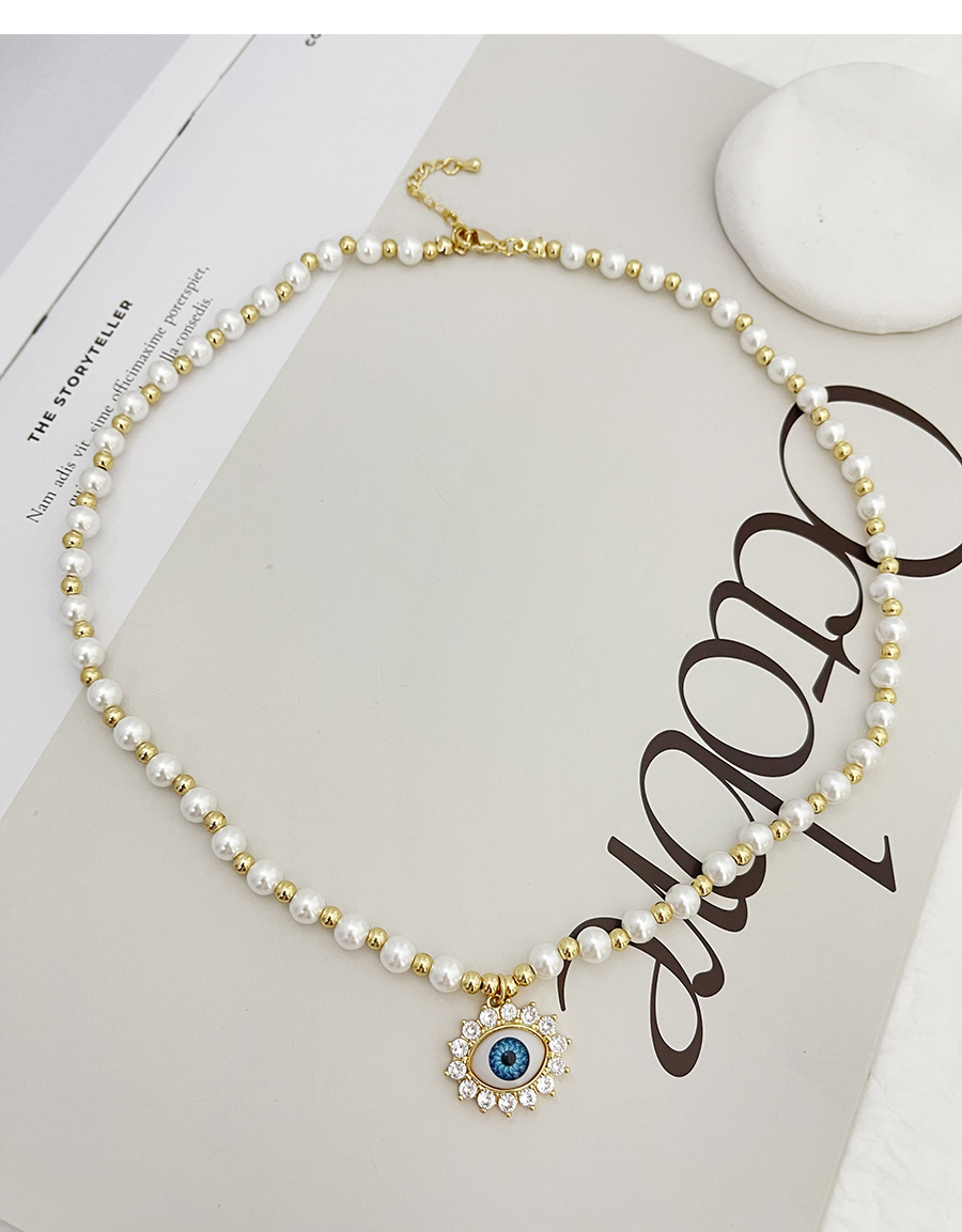 Fashion Navy Blue Bronze Zircon Eye Pearl Beaded Necklace,Necklaces