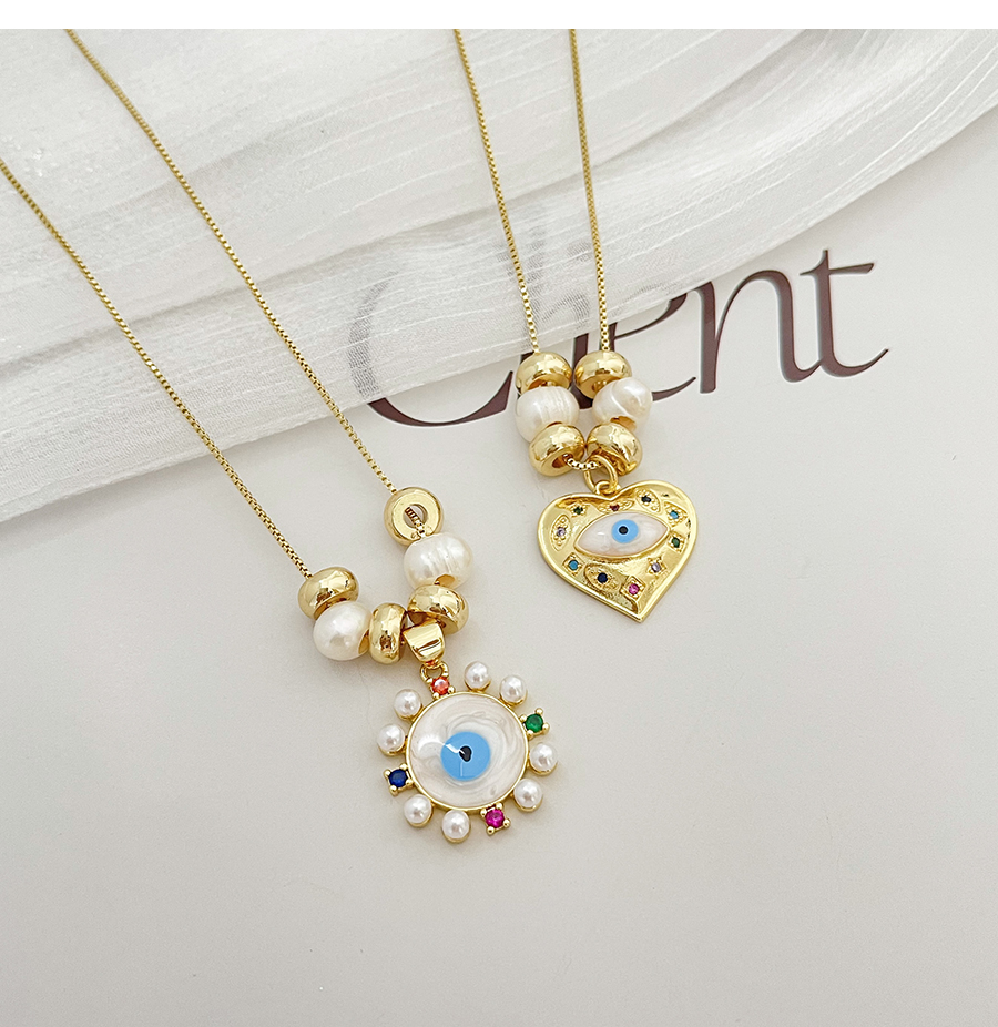 Fashion Gold-2 Bronze Zirconium Heart Drop Oil Eye Pearl Pendant Necklace,Necklaces