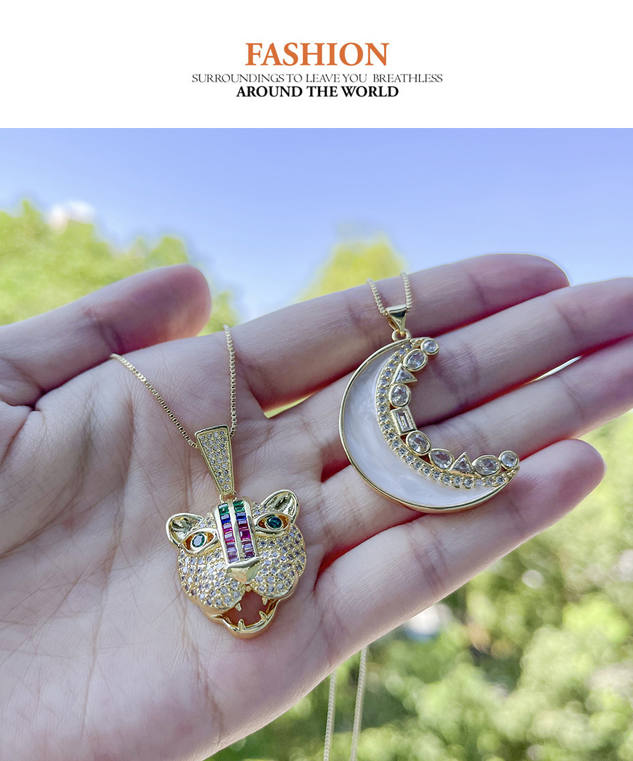 Fashion Gold-2 Bronze Zirconium Shell Crescent Pendant Necklace,Necklaces