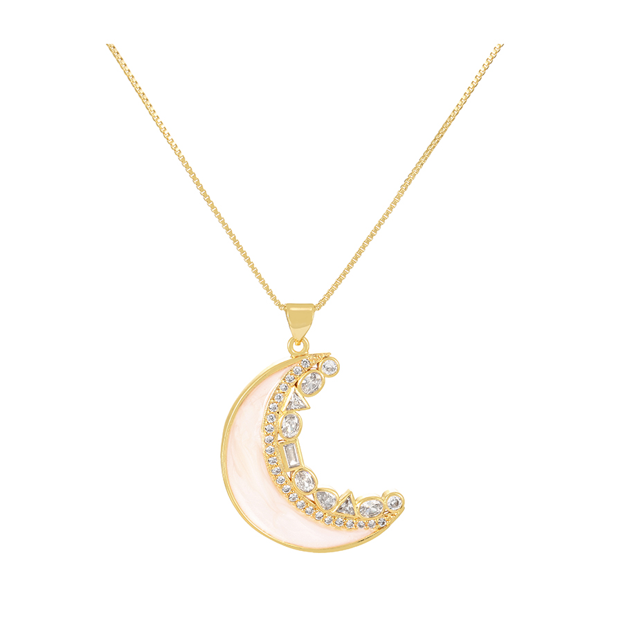 Fashion Gold-2 Bronze Zirconium Shell Crescent Pendant Necklace,Necklaces