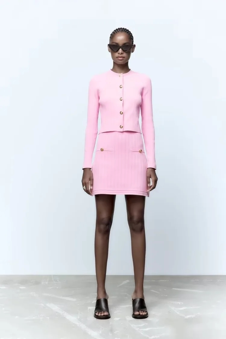 Fashion Pink Geometric Knit Buttoned Crew Neck Cardigan,Sweater