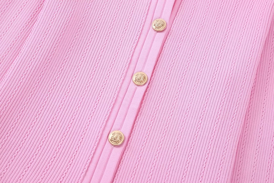 Fashion Pink Geometric Knit Buttoned Crew Neck Cardigan,Sweater