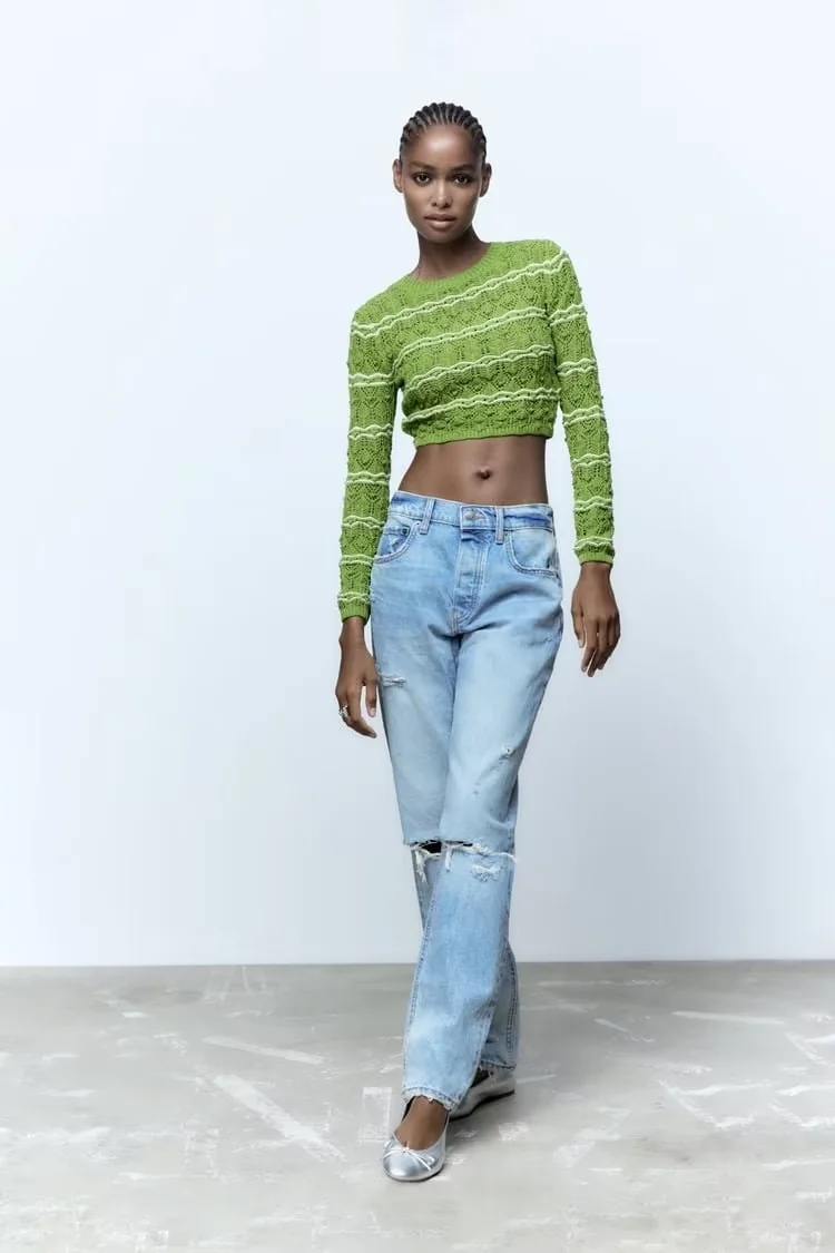 Fashion Green Textured Knit Crewneck Sweater,Sweater