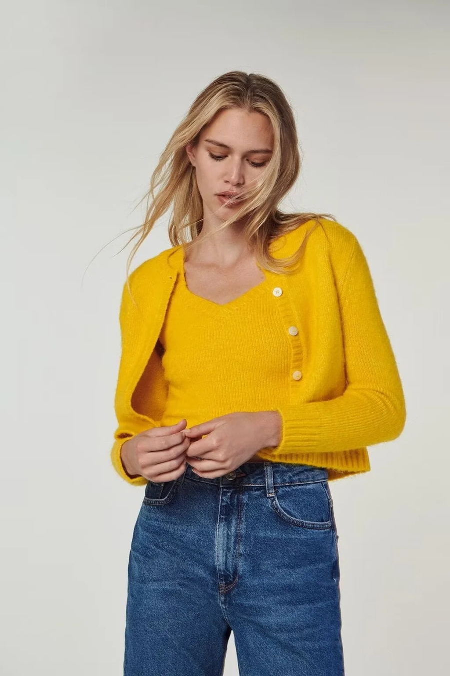 Fashion Yellow Geometric Knit Button-up Cardigan,Sweater