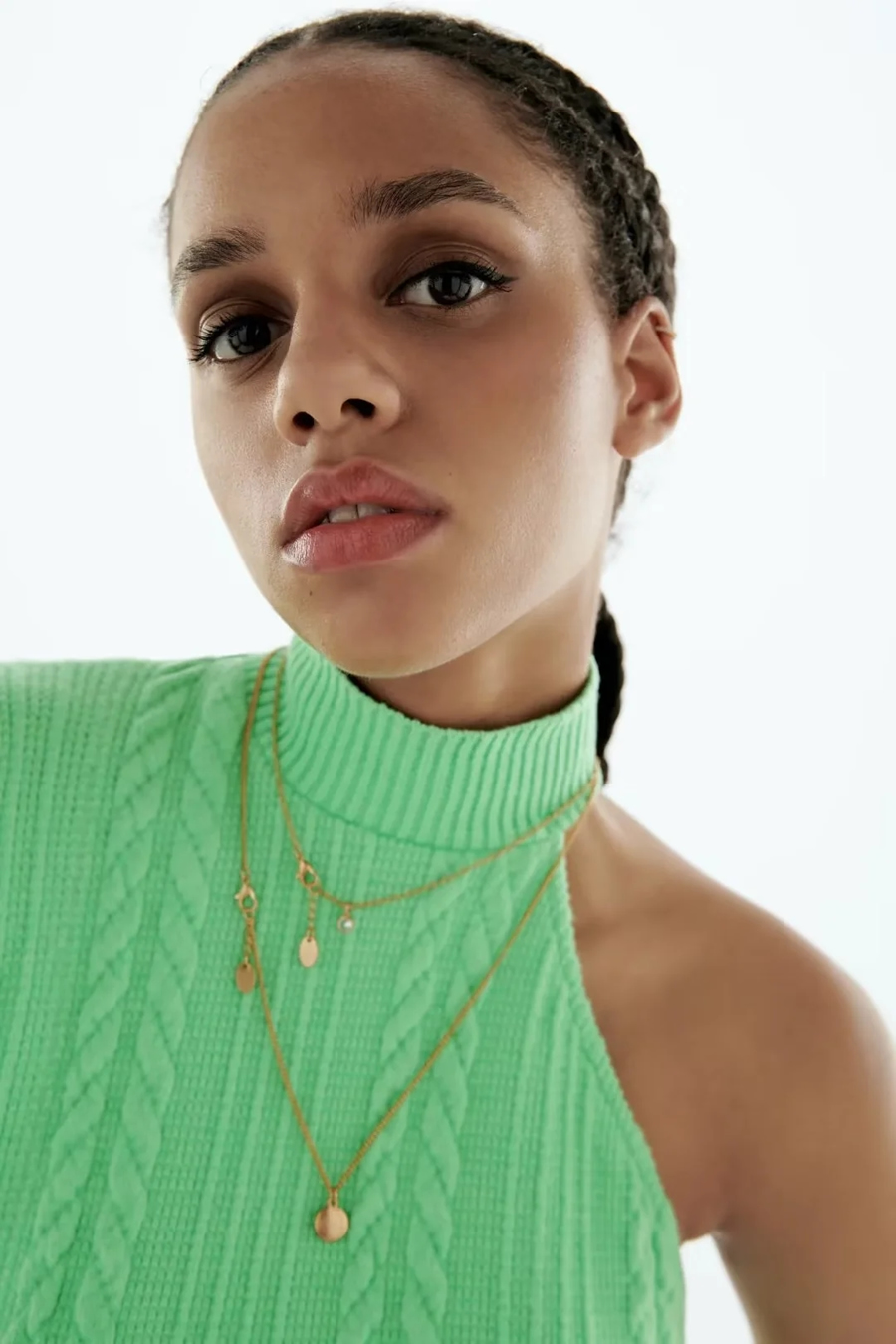 Fashion Green Geometric Knit Stand-up Collar Off-the-shoulder One-shoulder Top,Sweater