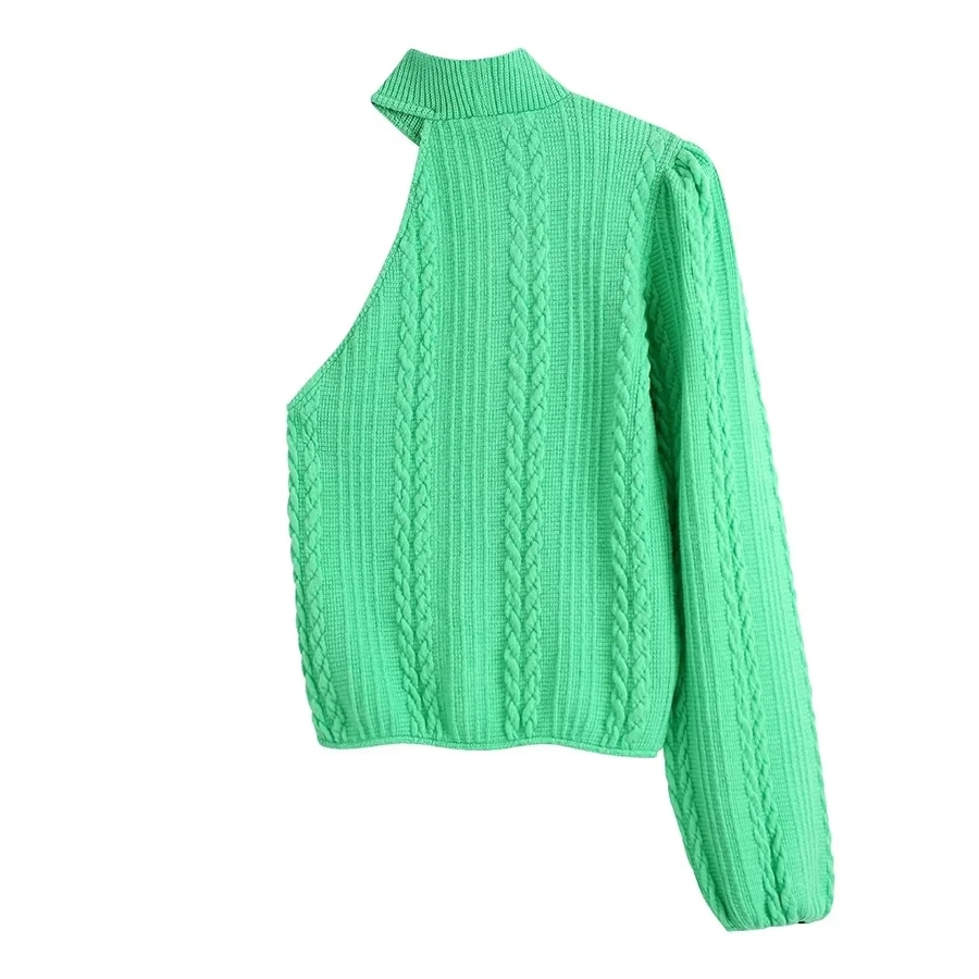 Fashion Green Geometric Knit Stand-up Collar Off-the-shoulder One-shoulder Top,Sweater