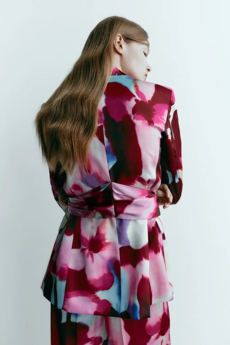 Fashion Color Woven Print Lace-up V-neck Jacket,Coat-Jacket