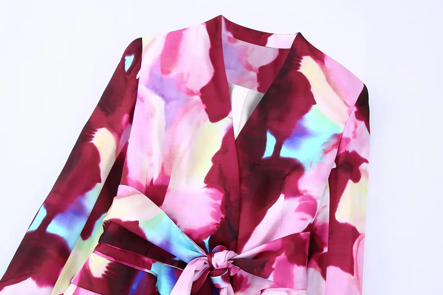 Fashion Color Woven Print Lace-up V-neck Jacket,Coat-Jacket