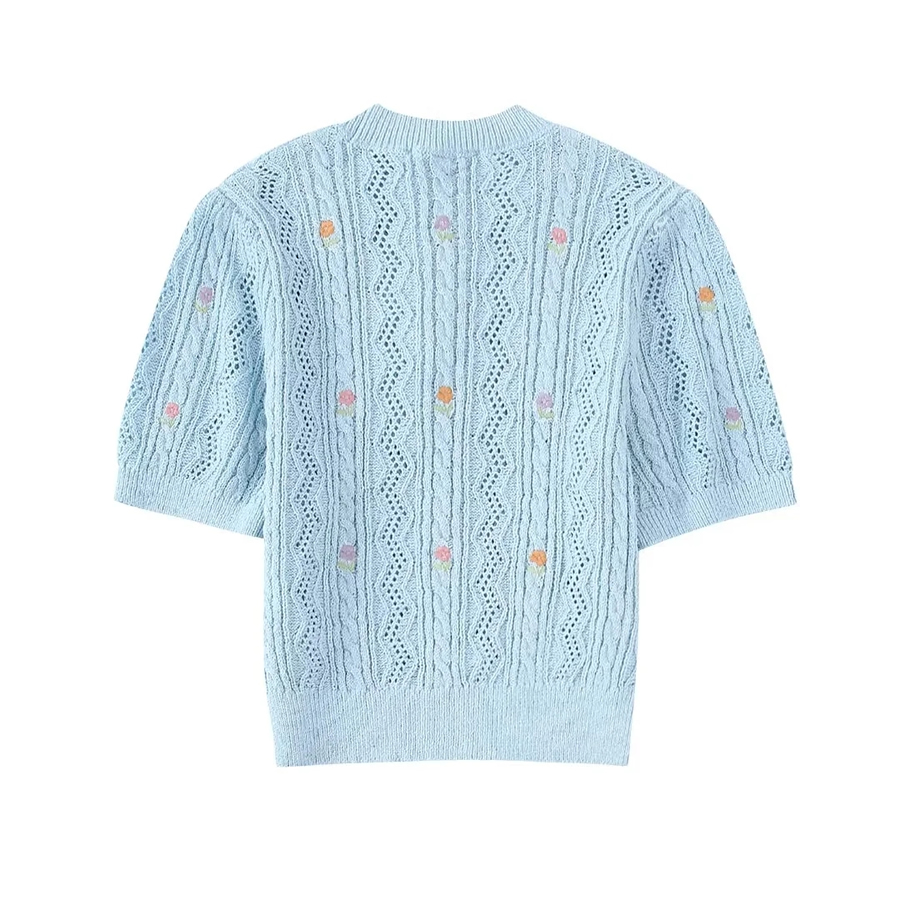 Fashion Blue Floral Embroidered Knitted Top,Sweater