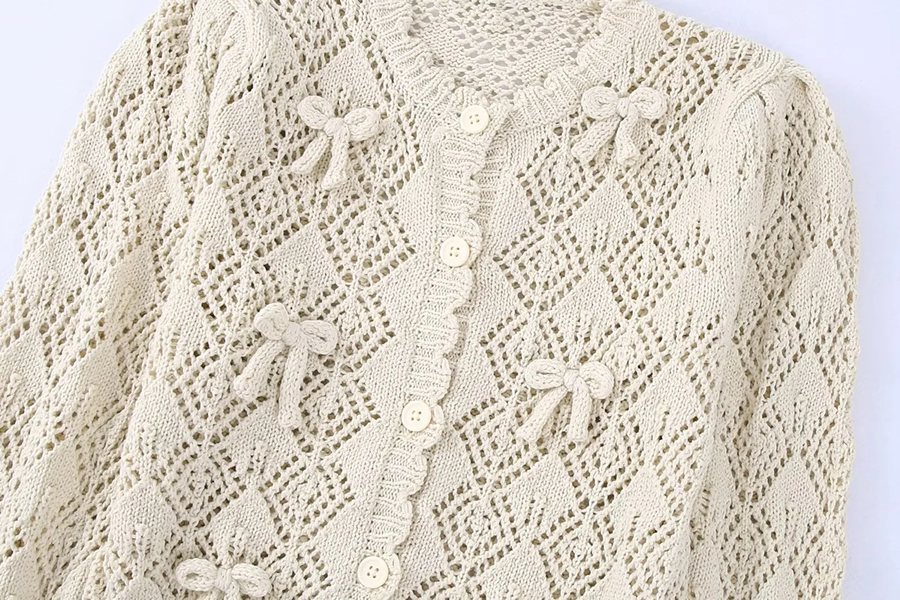 Fashion Beige Knitted Cardigan With Bow,Sweater