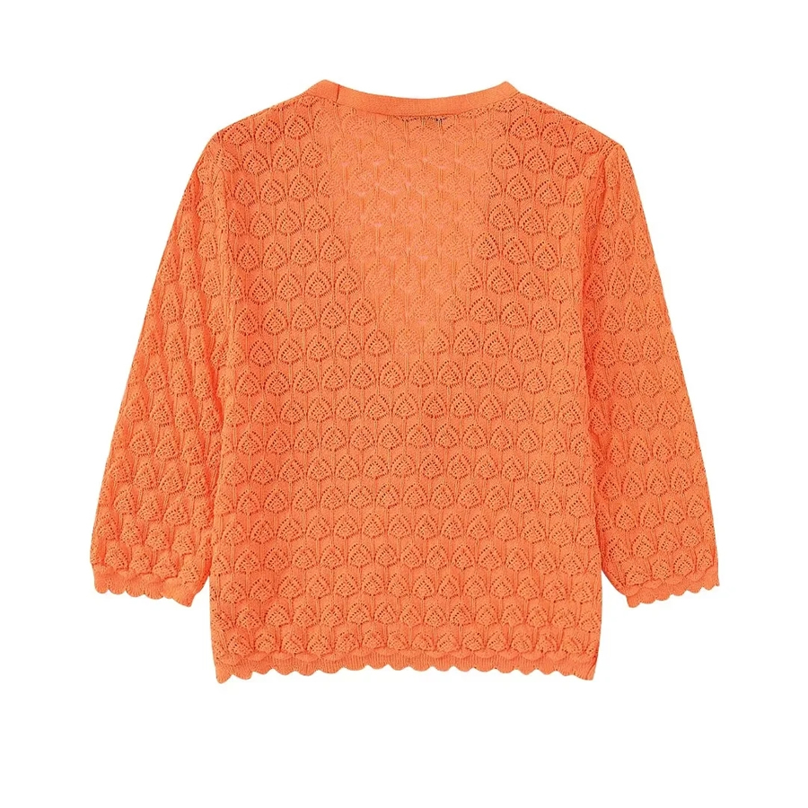 Fashion Orange Jacquard Mesh Knit V-neck Cardigan,Sweater