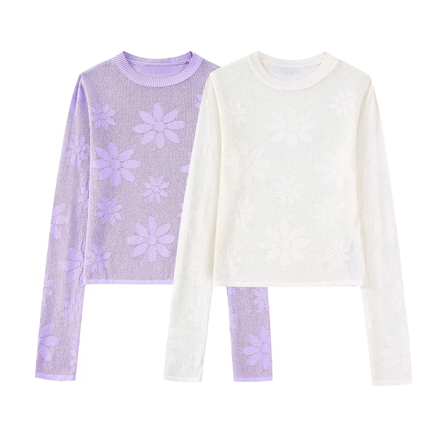 Fashion Purple Floral Jacquard Mesh Knit Top,Sweater