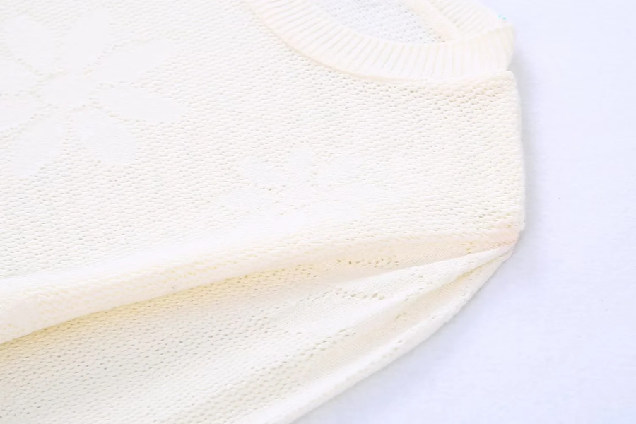 Fashion Creamy-white Floral Jacquard Mesh Knit Top,Sweater