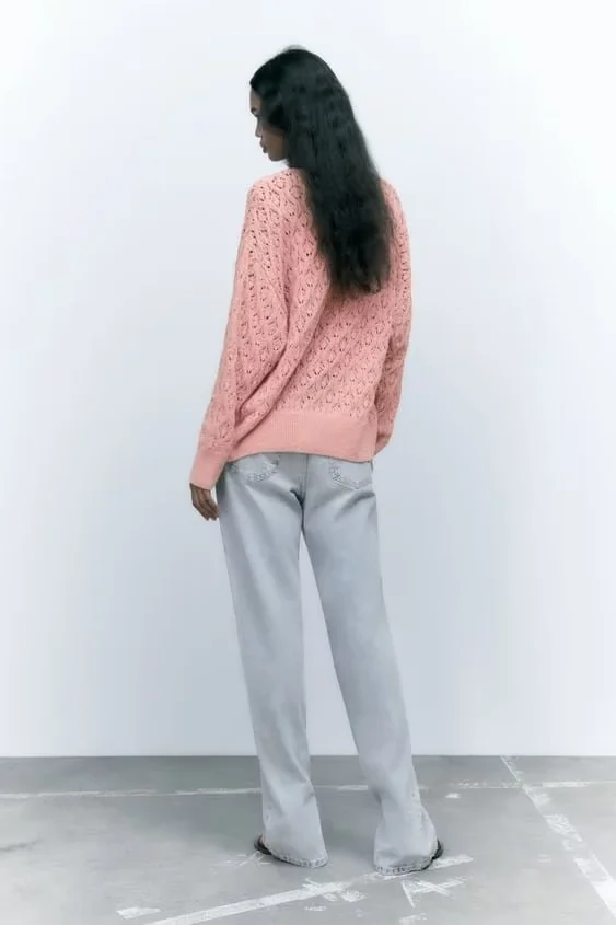 Fashion Pink Jacquard Mesh Knitted Jacket,Sweater