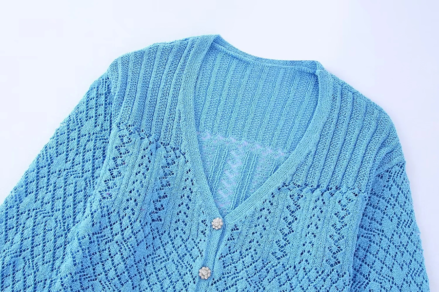 Fashion Blue Jeweled Button Knit Jacket,Sweater