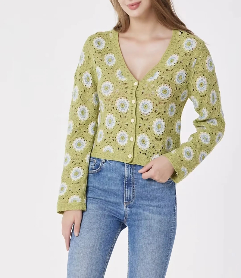 Fashion Green Cotton Knit V-neck Cardigan,Sweater