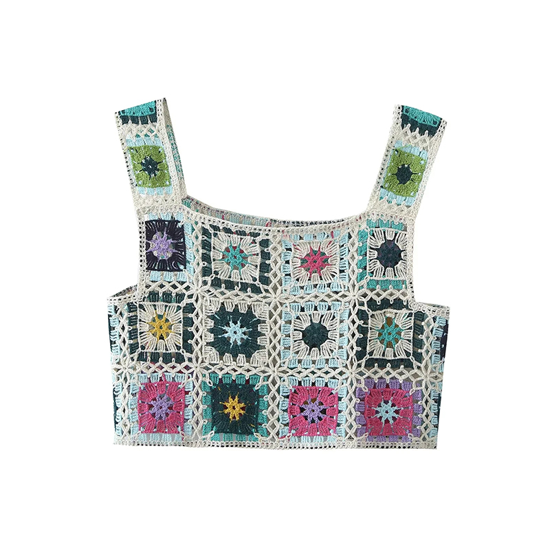 Fashion Blue Colorful Square Hook Flower Sling,Tank Tops & Camis