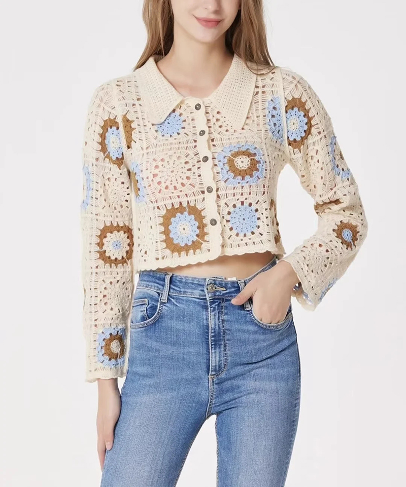 Fashion Creamy-white Lapel Crochet Knit Cardigan,Sweater