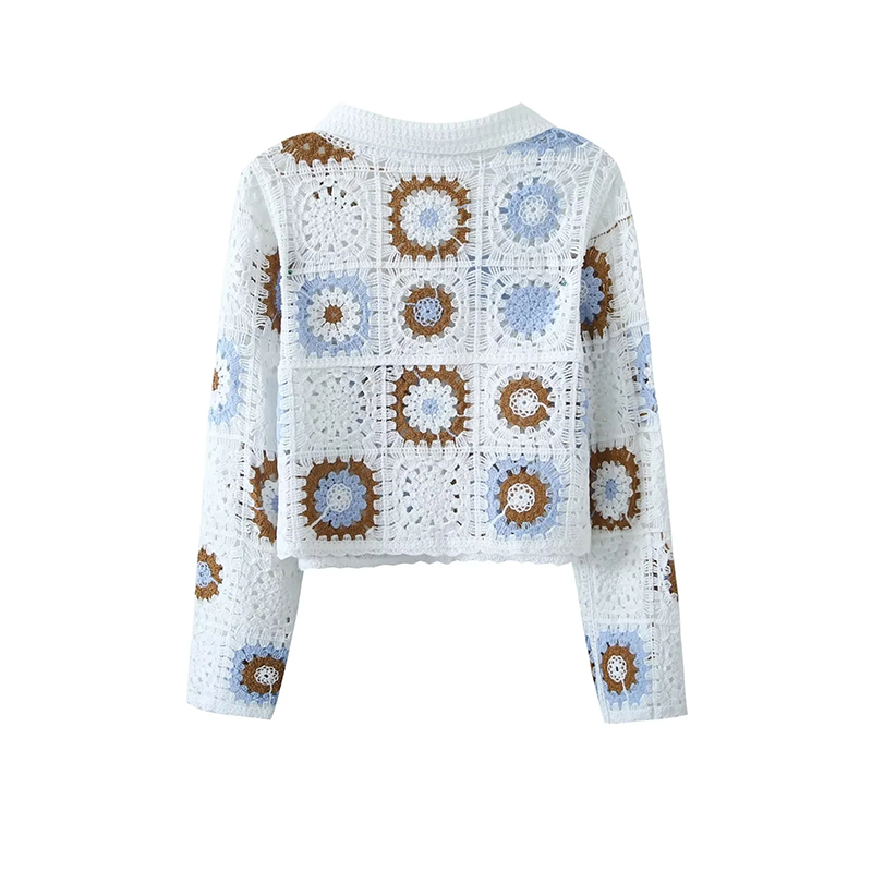 Fashion White Lapel Crochet Knit Cardigan,Sweater