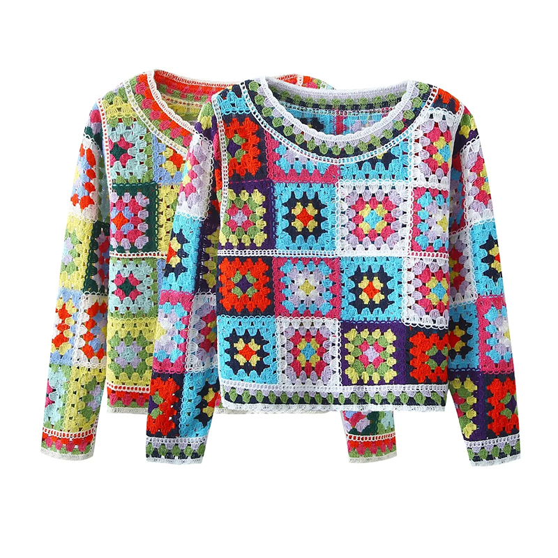 Fashion Blue Colorful Crochet Blouse,Sweater