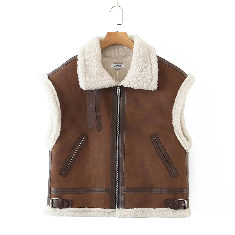Fashion Brown Suede Lapel Zip Vest,Coat-Jacket