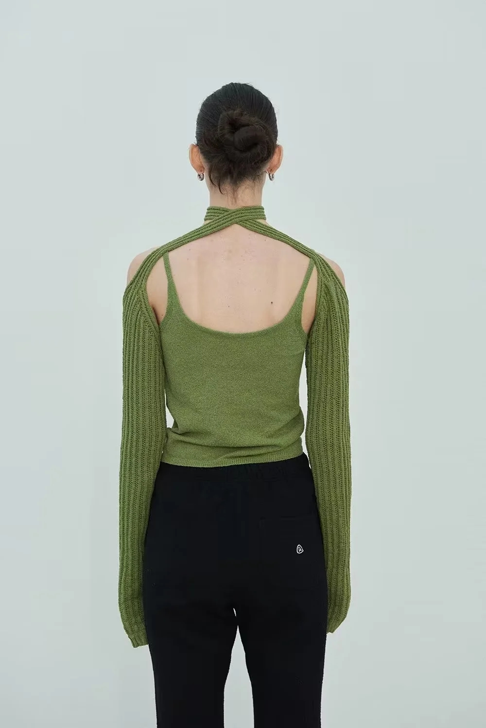 Fashion Green Two-piece Blend Halterneck Long-sleeve Blouse,Sweater