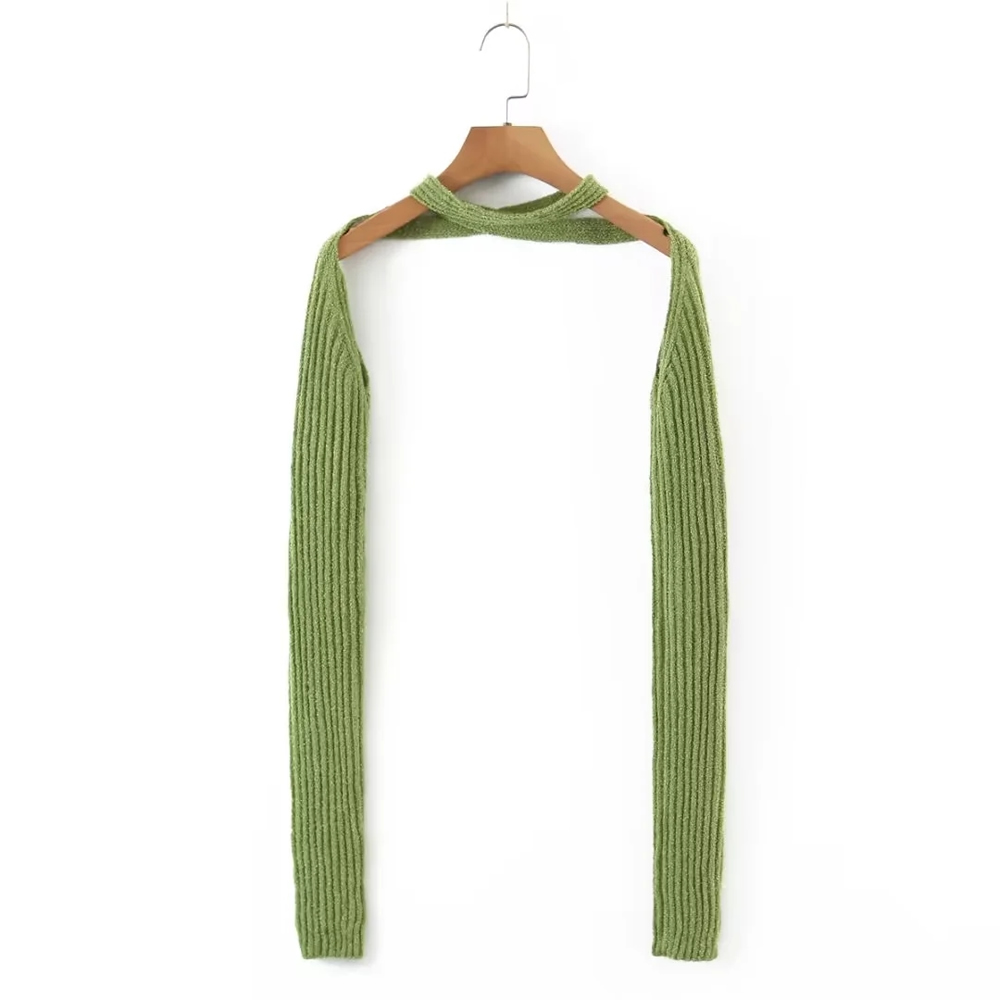 Fashion Green Two-piece Blend Halterneck Long-sleeve Blouse,Sweater