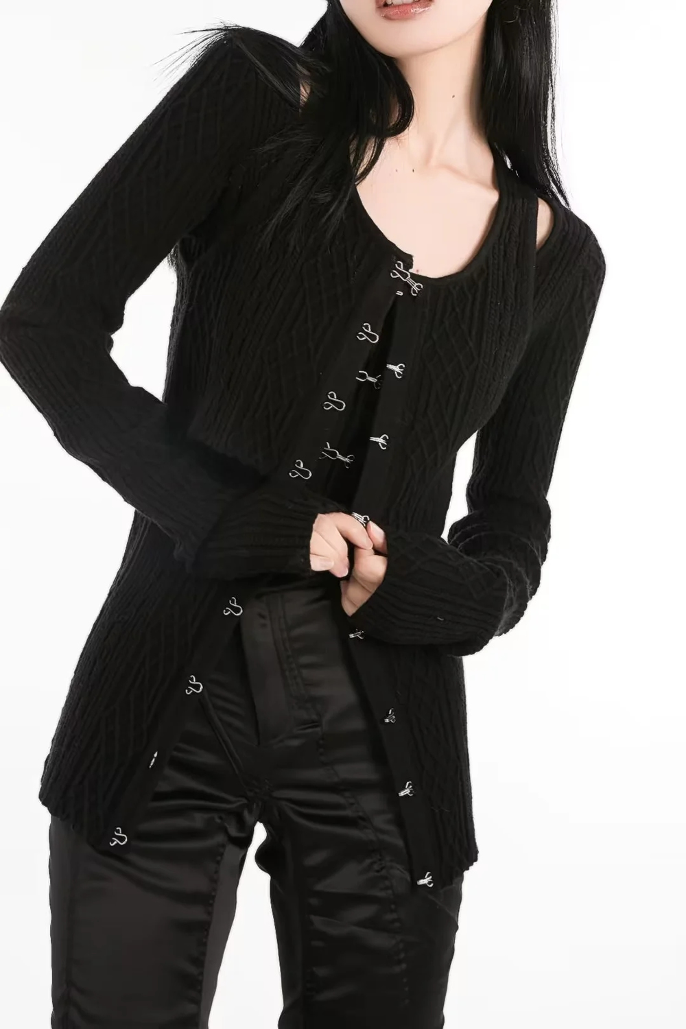 Fashion Black Two-piece Blended Diamond Knit Cardigan Suspender,Sweater