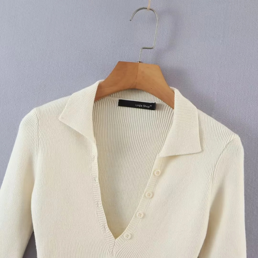 Fashion Creamy-white Blend Knit V-neck Crop Top,Sweater