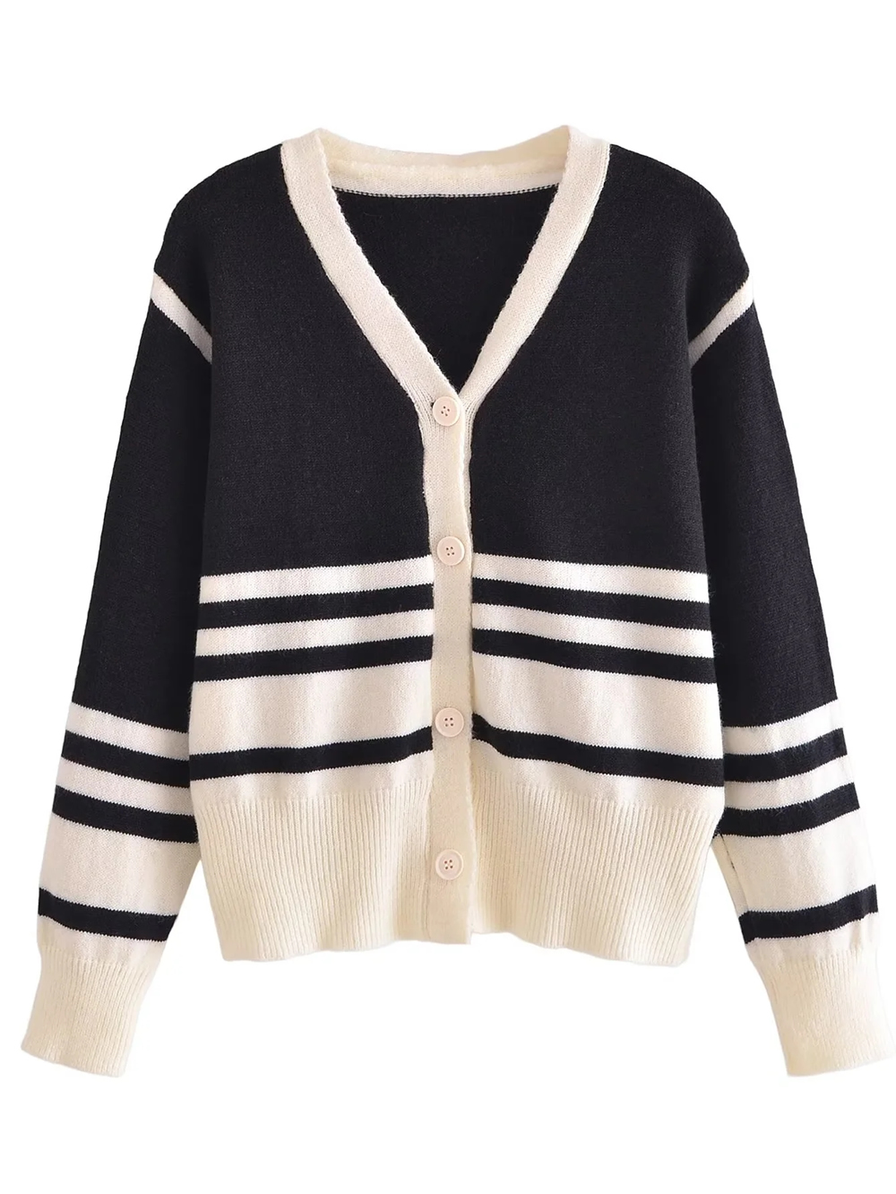 Fashion Black Black And White Striped V-neck Cardigan,Sweater