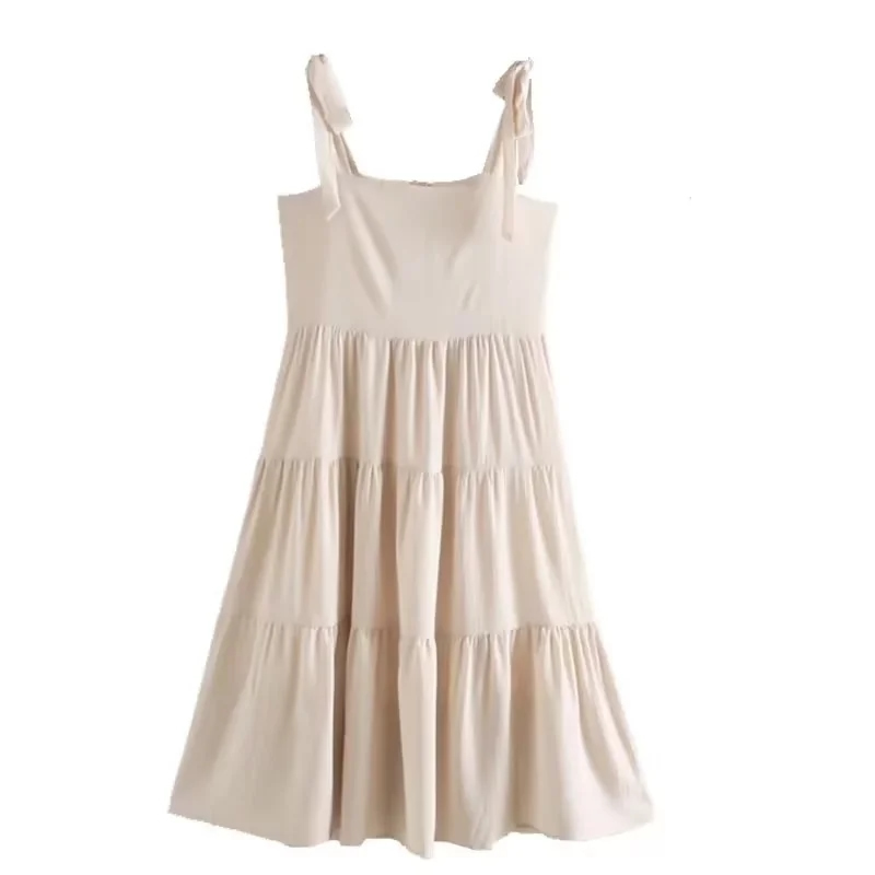 Fashion Apricot Sleeveless Lace-up Cardigan Sling Cake Dress,Mini & Short Dresses