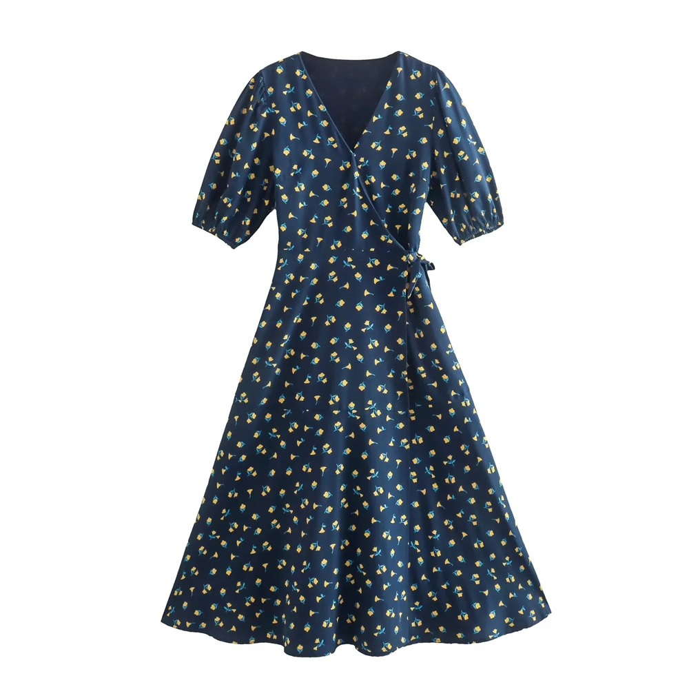 Fashion Blue Geometric Print V-neck Lace-up Dress,Long Dress