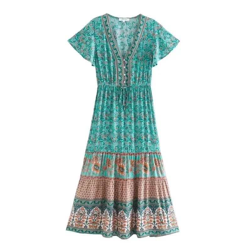 Fashion Green Rayon Print V-neck Dress,Long Dress