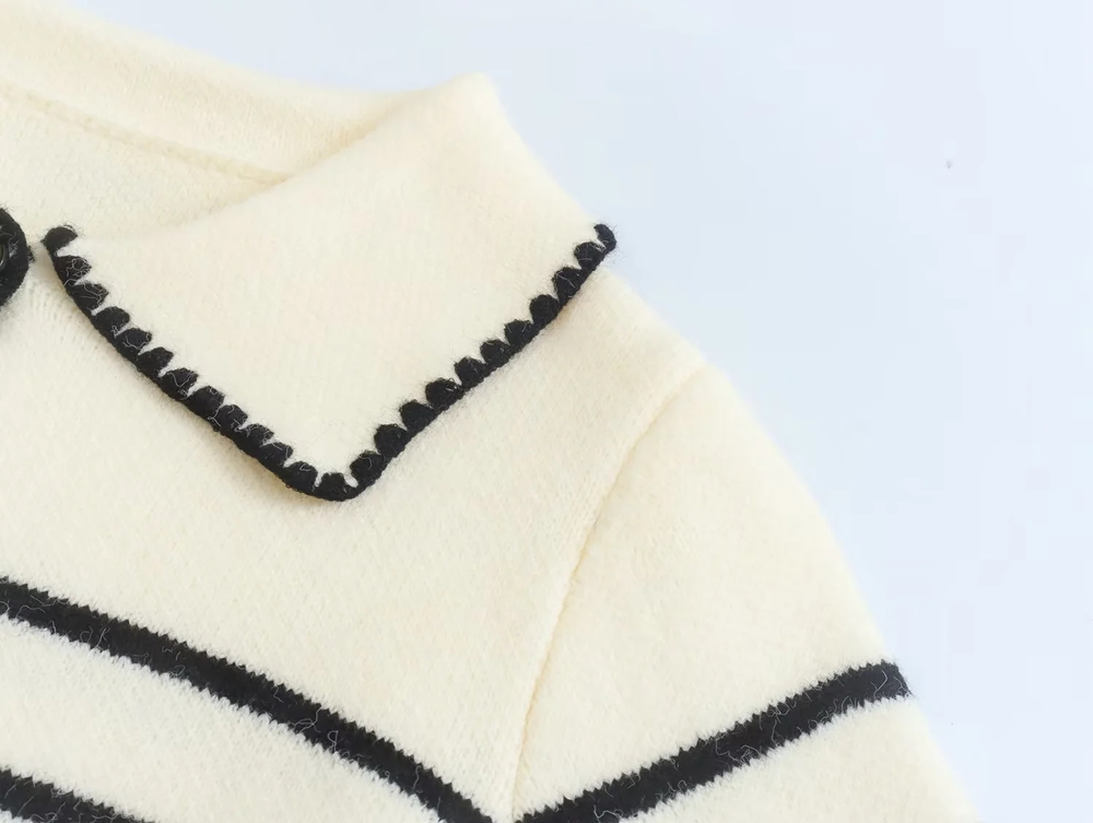 Fashion Black Striped Lapel Crochet Knit Sweater Jacket,Sweater