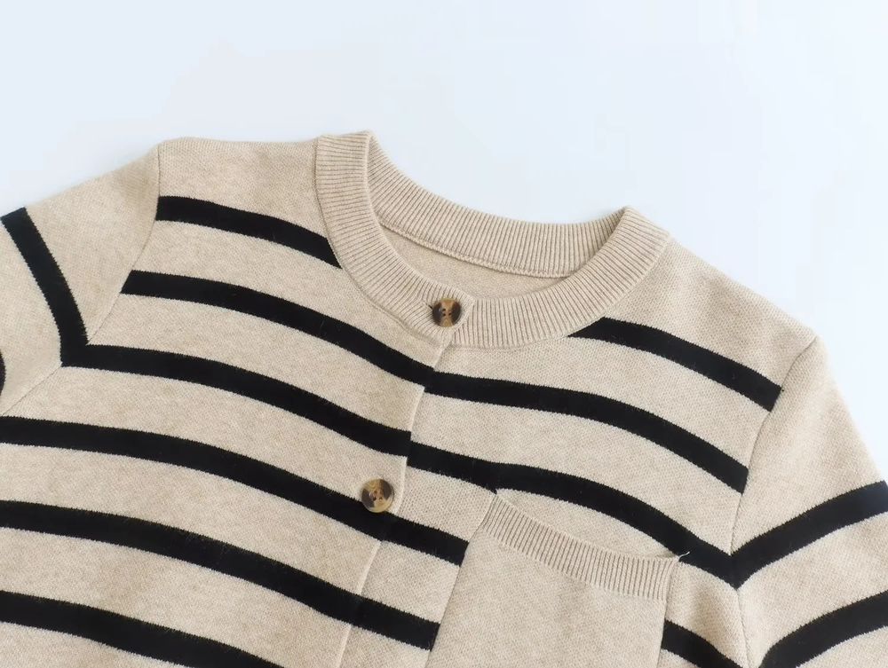 Fashion Grey Striped Crewneck Core Yarn Knit Sweater Cardigan,Sweater