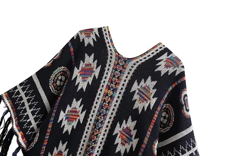 Fashion Navy Blue Geometric Print Fringed Cardigan Jacket,Sweater