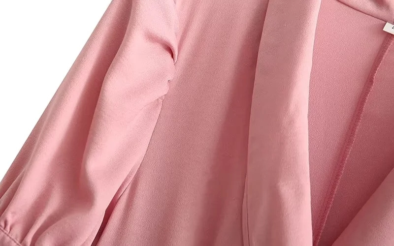 Fashion Pink Puff Sleeve Lapel Dress,Long Dress