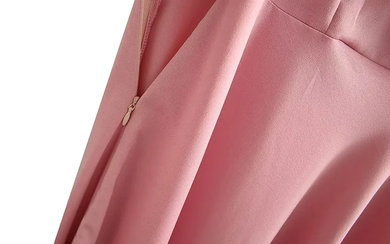 Fashion Pink Puff Sleeve Lapel Dress,Long Dress