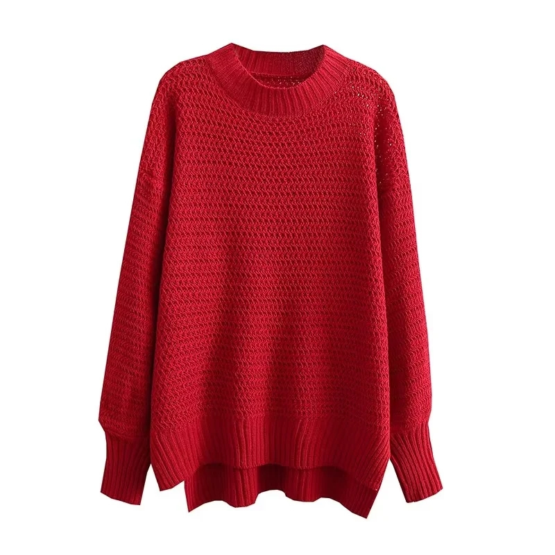 Fashion Red Acrylic Knit Crew Neck Sweater,Sweater