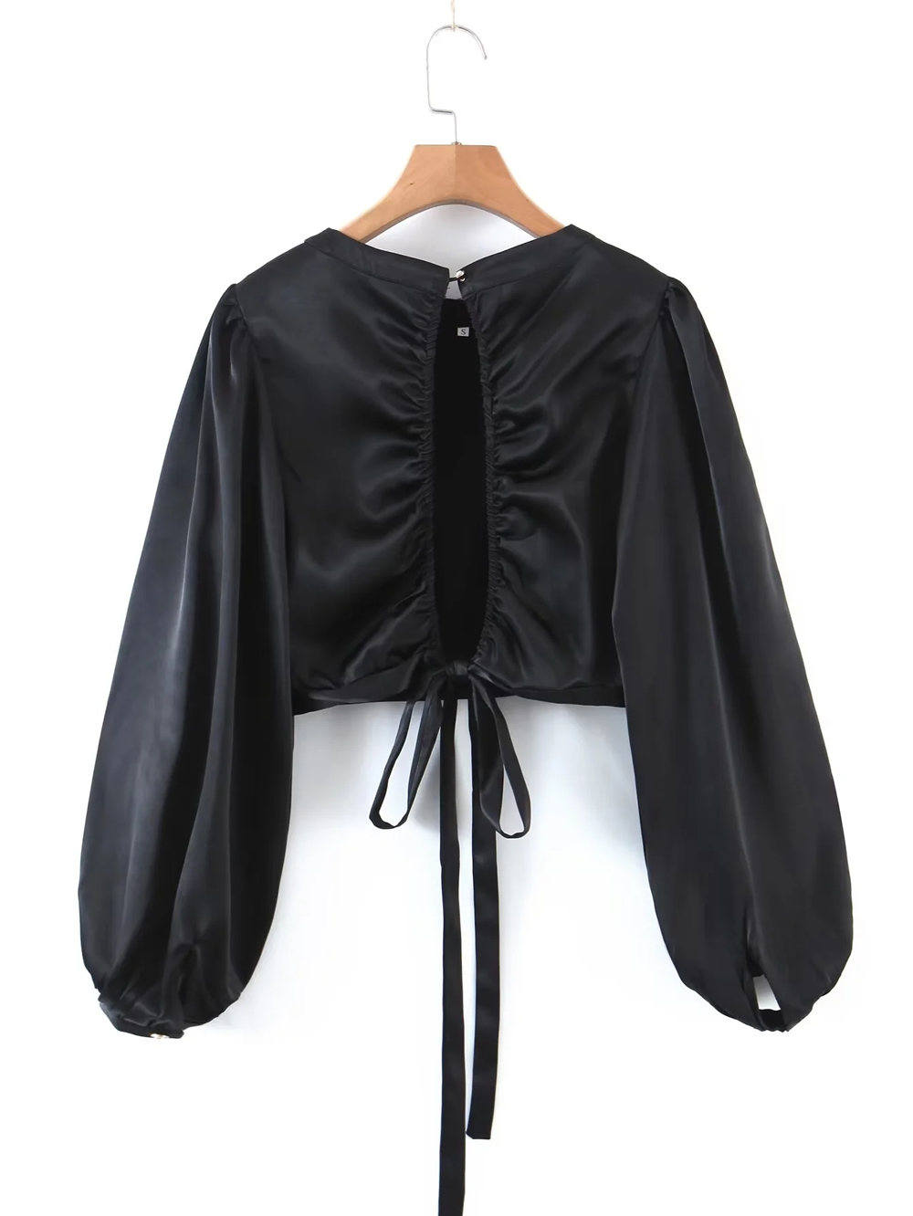 Fashion Black Satin Puff Sleeve Lace-up Top,Sweater