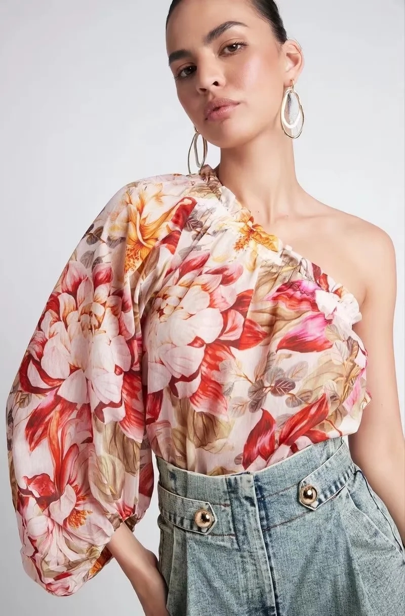 Fashion Color Geometric Print Cross-shoulder Top,Blouses