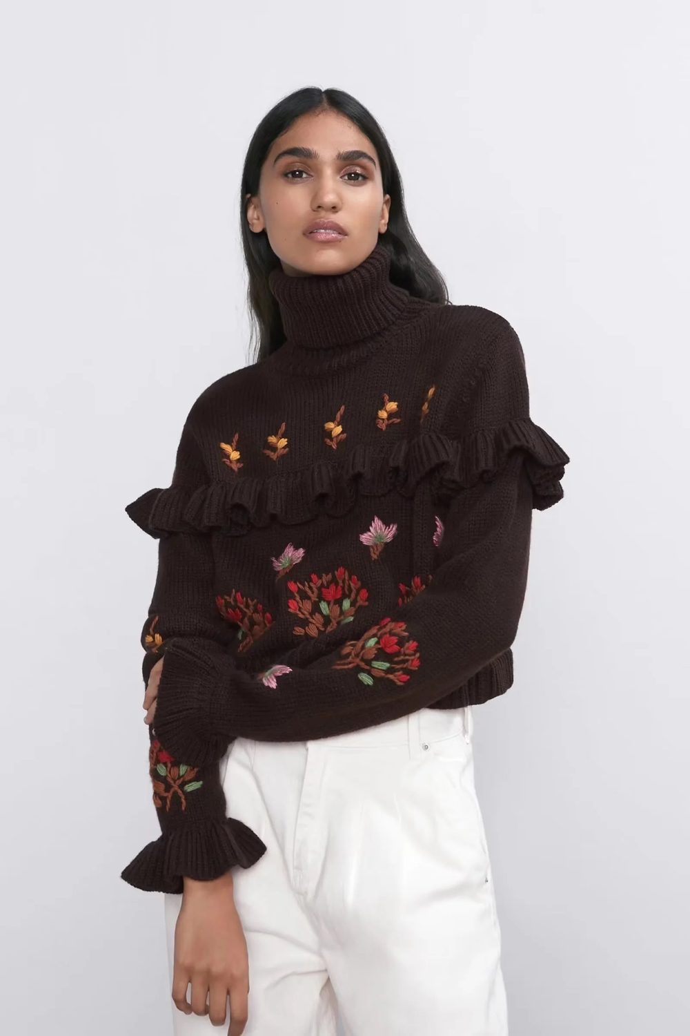 Fashion Dark Brown Acrylic Floral Embroidered Lace Turtleneck Sweater,Sweater