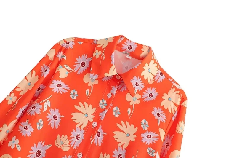 Fashion Orange Geometric Print Button-up Shirt,Blouses