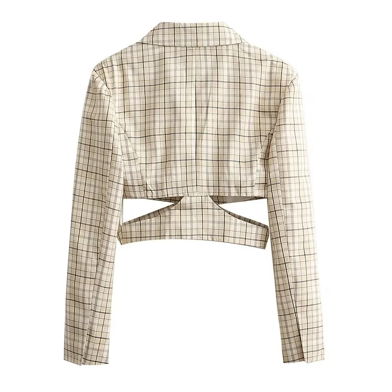 Fashion Khaki Check Lapel Shorts Blazer,Sweater