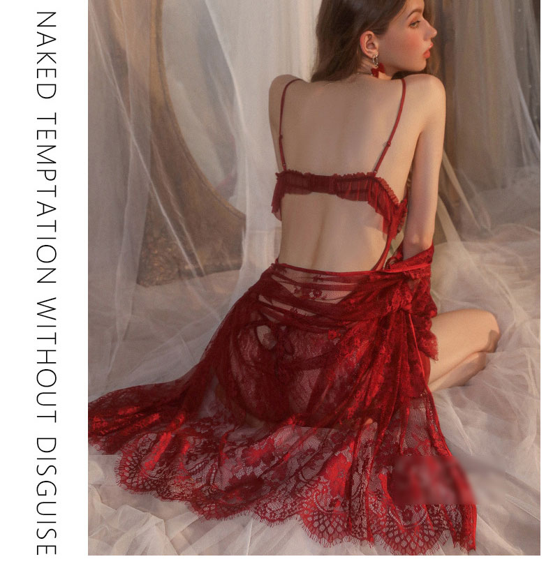 Fashion Jujube Red (robe + Belt) Polyester Lace Embroidered Robe + Belt,SLEEPWEAR & UNDERWEAR