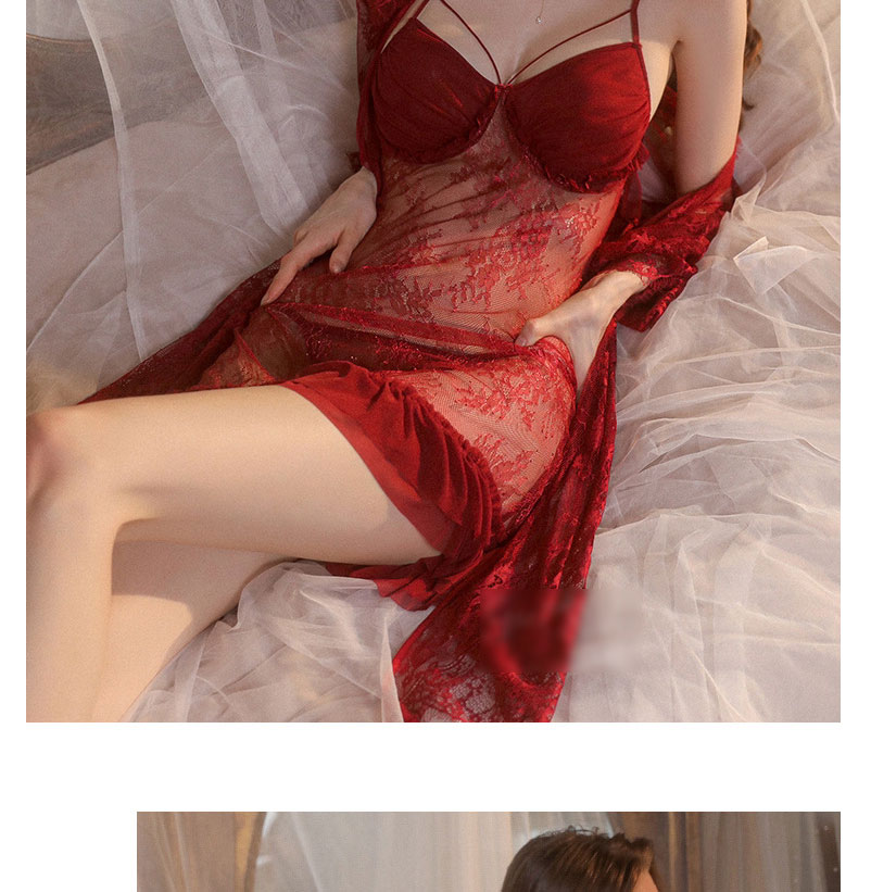 Fashion Jujube Red (robe + Belt) Polyester Lace Embroidered Robe + Belt,SLEEPWEAR & UNDERWEAR